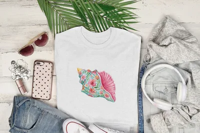 White t-shirt with a pink conch shell and floral design.
