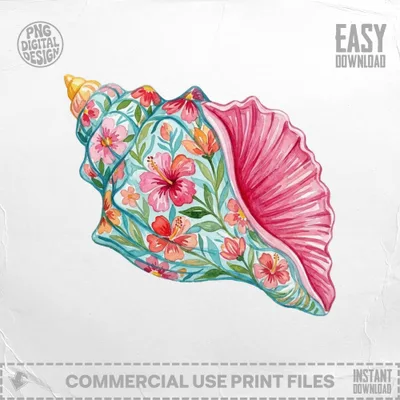 Watercolor seashell with vibrant floral pattern, pink fins, and yellow tip.