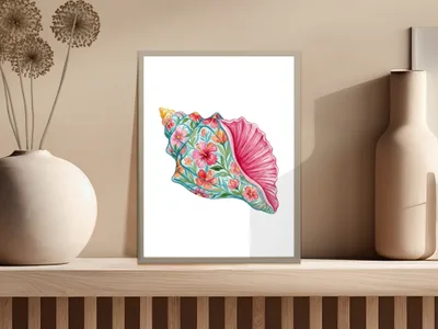 Watercolor illustration of a conch shell with floral patterns in a frame.