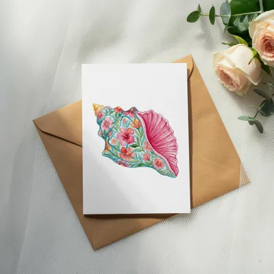 Watercolor seashell illustration with floral pattern on card, beside roses.