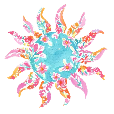 Watercolor sun with floral patterns and a blue globe center.