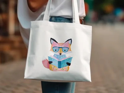 White tote bag with watercolor illustration of a fox reading a book.