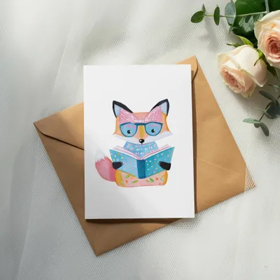 Watercolor illustration of a fox in glasses reading an open book.