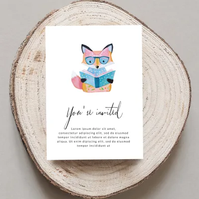 Fox wearing glasses reads a book on a "You're invited" card.