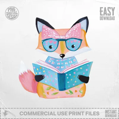Cartoon fox wearing glasses and a bow reading a book.