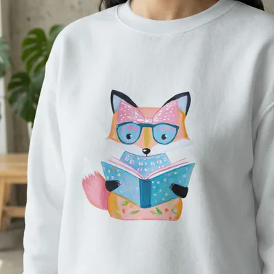 White sweatshirt with a cartoon fox wearing glasses reading a book.