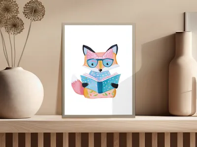 Watercolor illustration of a fox reading a book, wearing glasses and a bow.