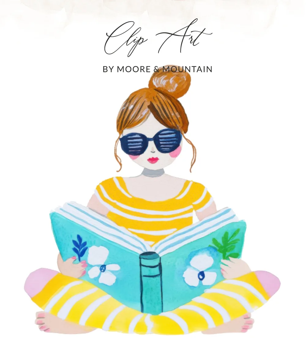 Illustration of woman with sunglasses reading a book.