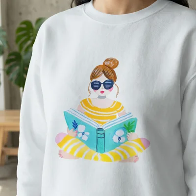 Illustration of a person reading a book wearing striped shirt and pants.