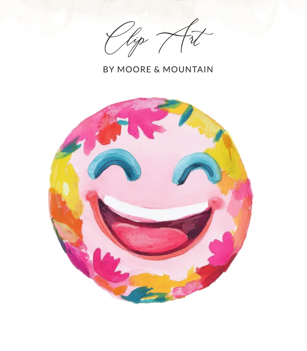 Pink smiley face emoji with colorful flowers, "Clip Art" text.