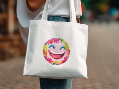 White tote bag with colorful floral emoji design.