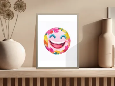 Watercolor smiley face with colorful flower petals and leaves.