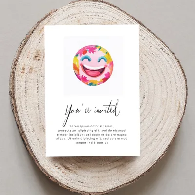 Invitation card with a smiling floral emoji and placeholder text.