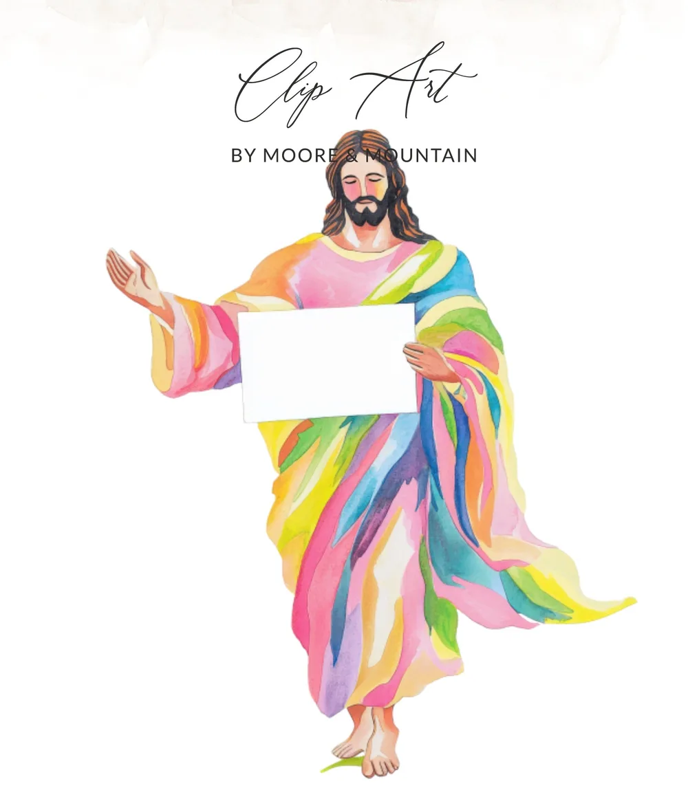 Jesus holding blank sign with watercolor robe.