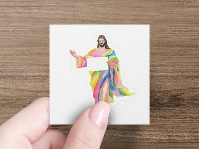 Jesus with outstretched arms holds a blank sign against a colorful robe.
