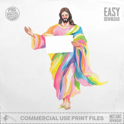 Jesus holding a blank sign, watercolor style, colorful robes.