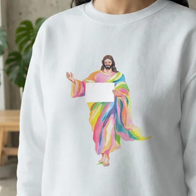 Jesus with rainbow robe holding blank sign.