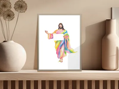 Jesus holding a blank sign in a colorful robe.