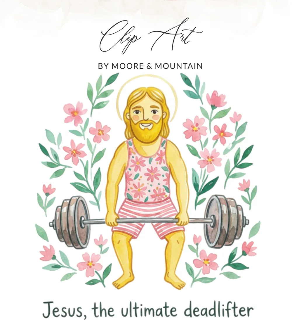 Jesus in floral tank top and shorts deadlifting barbells surrounded by flowers.