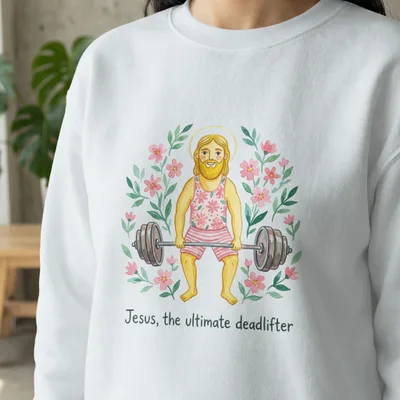 Jesus wearing pink striped shorts and halo, lifting barbell amidst pink flowers.