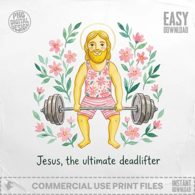Jesus, cheerful and muscular, lifts a barbell amid pink flowers.