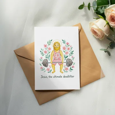 Card with watercolor illustration of Jesus deadlifting, "Jesus, the ultimate deadlifter."