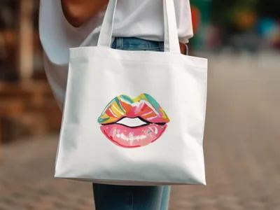 White tote bag with colorful abstract lips illustration.