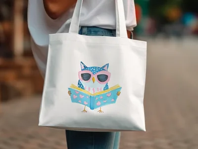 White tote bag with cartoon owl wearing glasses reading a book.