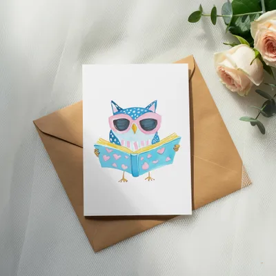 Watercolor owl wearing pink sunglasses reading a book with hearts.