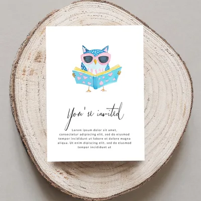 Invitation with watercolor owl reading a book, "You're invited" text.