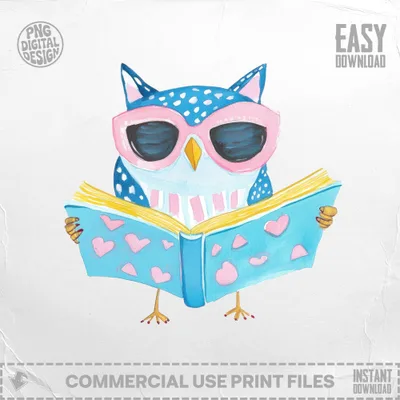 Watercolor illustration of a blue owl wearing pink sunglasses reading a book.