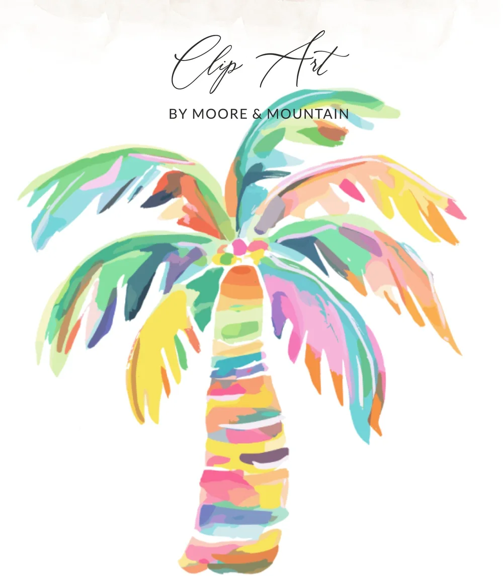 Colorful abstract palm tree art with text "Clip Art BY MOORE & MOUNTAIN".