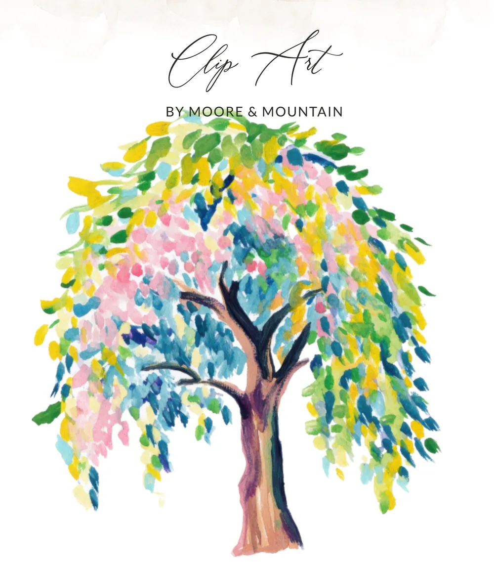 Watercolor tree with colorful leaves and "Clip Art BY MOORE & MOUNTAIN" text.