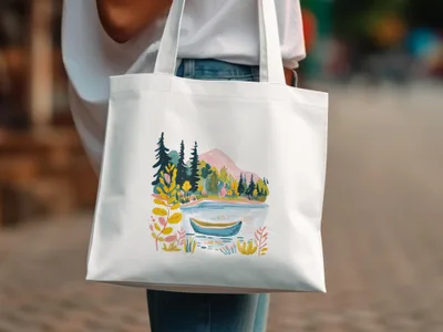 White canvas tote bag with a watercolor landscape of a lake, trees, and mountains.