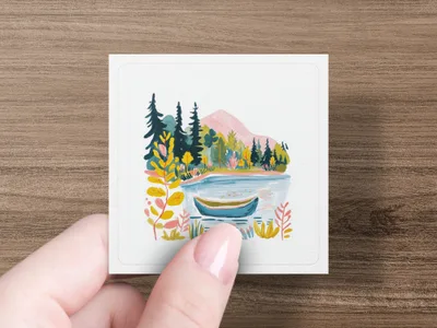 Square sticker with watercolor painting of a lake, canoe, trees, and mountains.