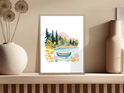 Illustration of a canoe on a lake with trees and mountains.