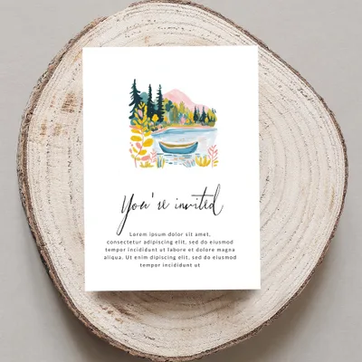 Invitation with landscape illustration and "You're invited" text.