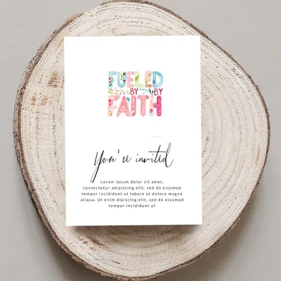 Invitation with "Fueled By Faith" text and placeholder copy.