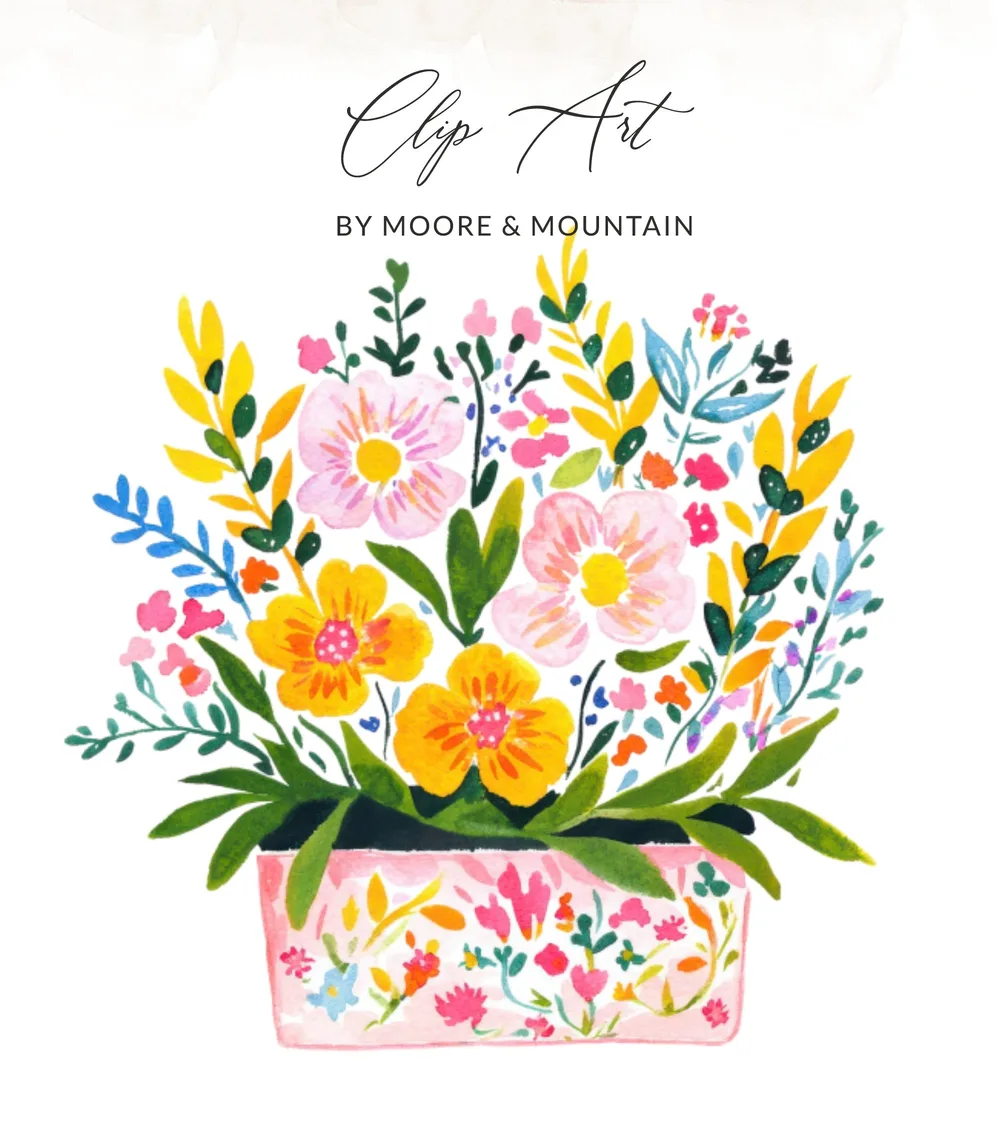 Floral clip art in a pink painted pot with "Clip Art by Moore & Mountain" text.