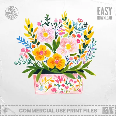 Pink ceramic pot with a vibrant watercolor floral arrangement.