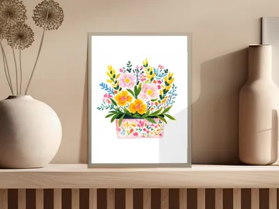 Watercolor painting of a pink floral planter filled with colorful flowers.
