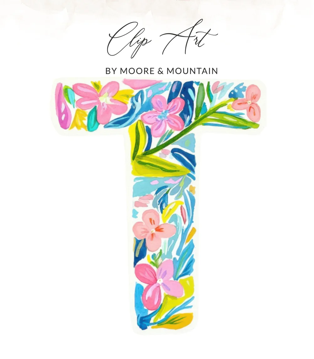 Floral letter T clip art by Moore & Mountain with pink flowers.