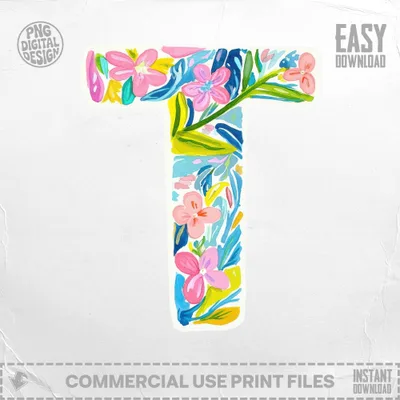 Letter T with floral pattern, PNG digital design, commercial use print files.
