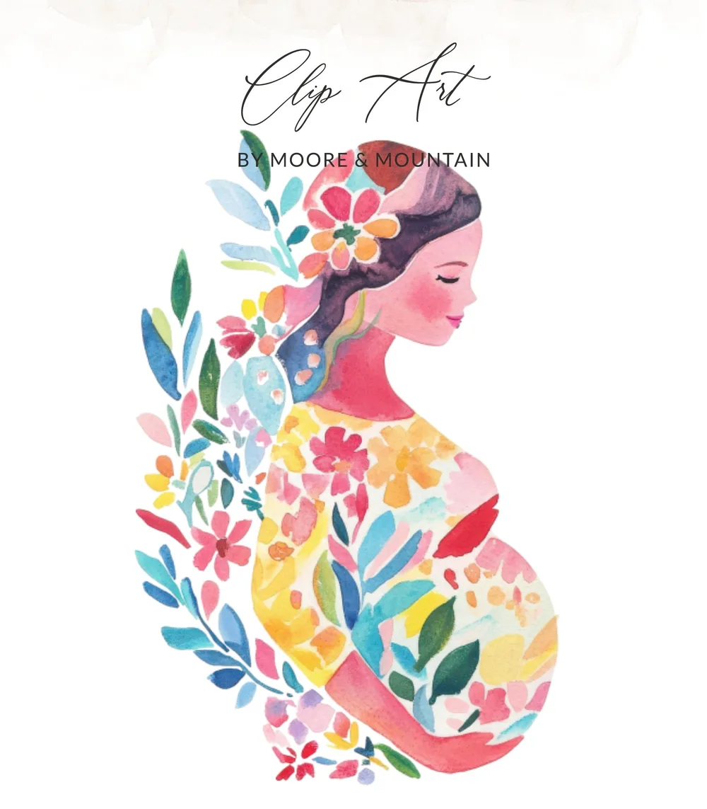 Pregnant woman with colorful floral watercolor illustration and text "Clip Art by Moore & Mountain".