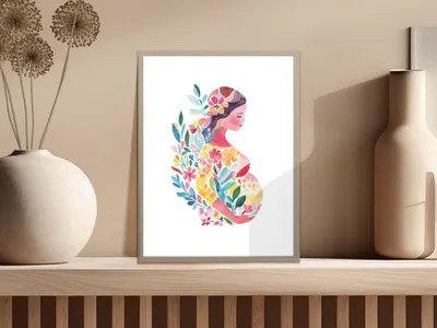 Watercolor painting of a pregnant woman with colorful floral elements.