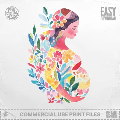 Watercolor illustration of a pregnant woman adorned with colorful flowers and leaves.