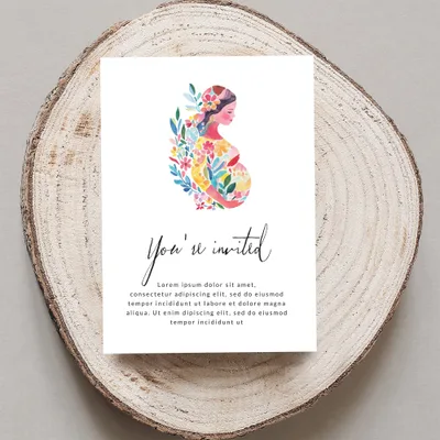 "You're invited" card with floral pregnant woman illustration.