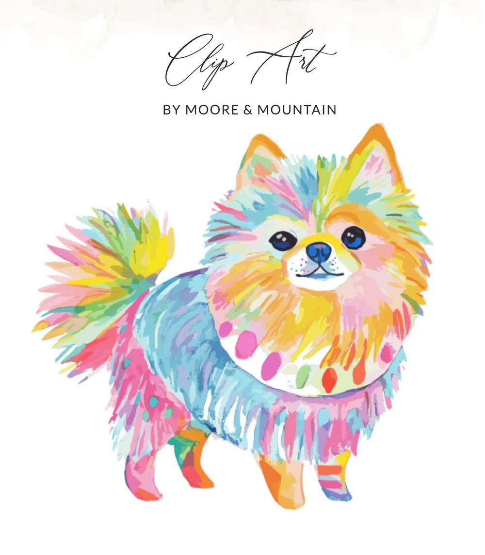 Watercolor Pomeranian dog with rainbow-colored fur.