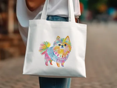 White tote bag with a colorful watercolor Pomeranian dog illustration.