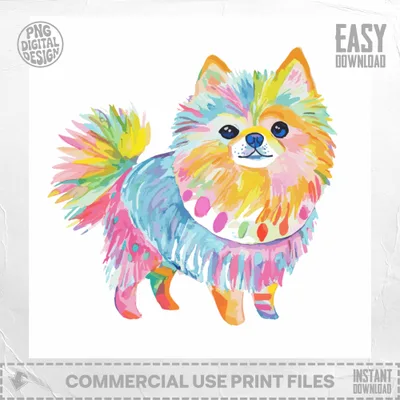 Watercolor Pomeranian dog with rainbow-colored fur and polka dots.